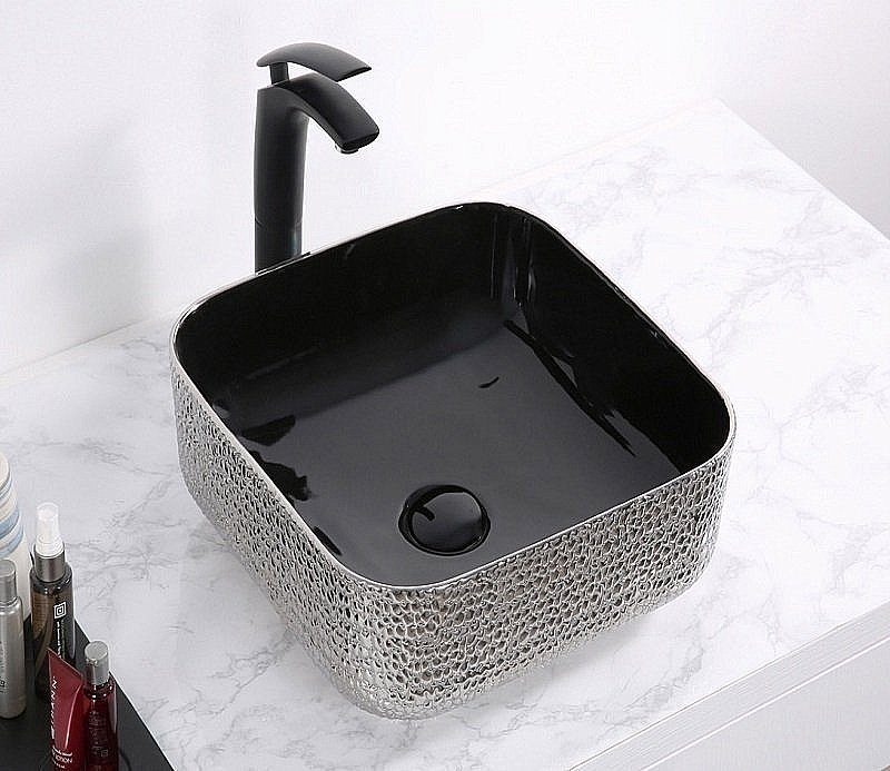 Раковина накладная Ceramalux NC 39 D1303H020 серебро, черная купить в интернет-магазине Sanbest