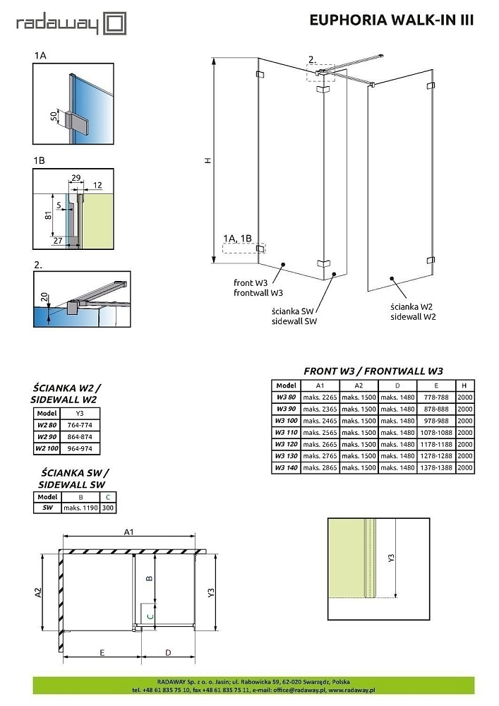 Душевое ограждение Radaway Euphoria Walk-in III (1590-2665)x80 купить в интернет-магазине Sanbest