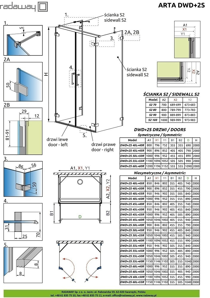 Душевой уголок Radaway Arta DWD+2S Door 40L+60R 100x70 купить в интернет-магазине Sanbest