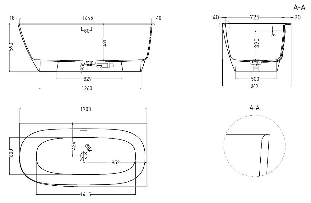 Ванна Salini Sofia Corner R S-Stone 170x85 102524M белая матовая купить в интернет-магазине Sanbest