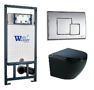Унитаз подвесной WeltWasser MARBERG 507 + MERZBACH 043 GL-BL + MAR 507 SE-CR черный глянцевый, безободковый, с крышкой микролифт, слив-торнадо, с инсталляцией и кнопкой хром купить в интернет-магазине Sanbest