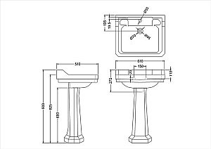 Раковина на пьедестале Burlington Edwardian 61 B5 1TH-P1 белая купить в интернет-магазине Sanbest