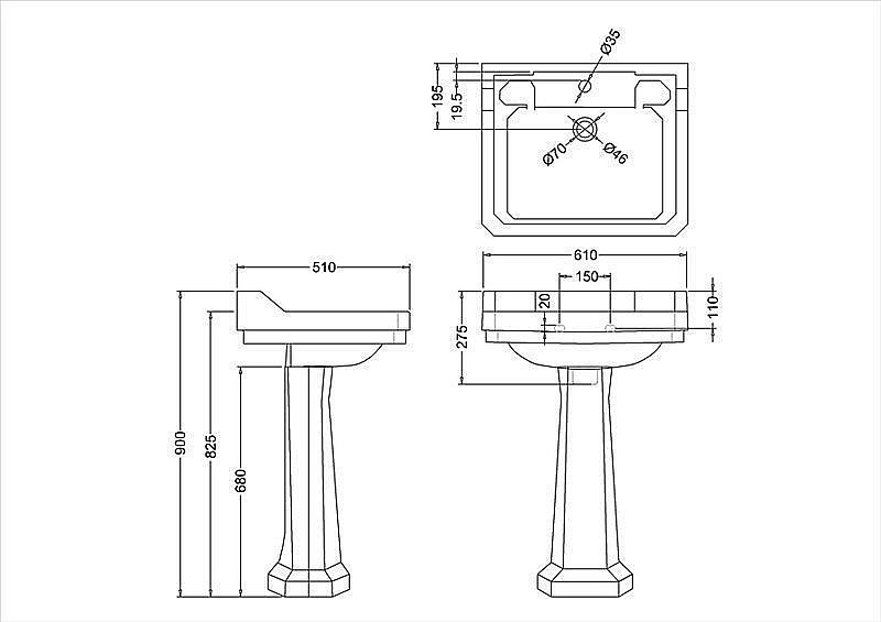 Раковина на пьедестале Burlington Edwardian 61 B5 1TH-P1 белая купить в интернет-магазине Sanbest