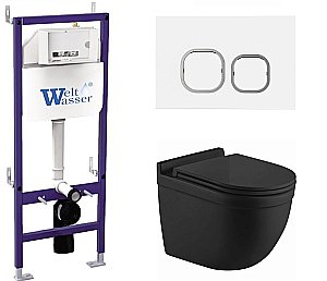 Унитаз подвесной WeltWasser BAMBERG 460+HEIMBACH 043 MT-BL+BAMBERG WT черный матовый, безободковый, с крышкой микролифт, слив-торнадо, с инсталляцией и белой кнопкой купить в интернет-магазине Sanbest