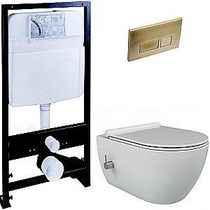 Унитаз Boheme Bianca 963-2-WM с инсталяцией и кнопкой 664-MG белый матовый/матовое золото, безободковый, с функцией биде купить в интернет-магазине Sanbest