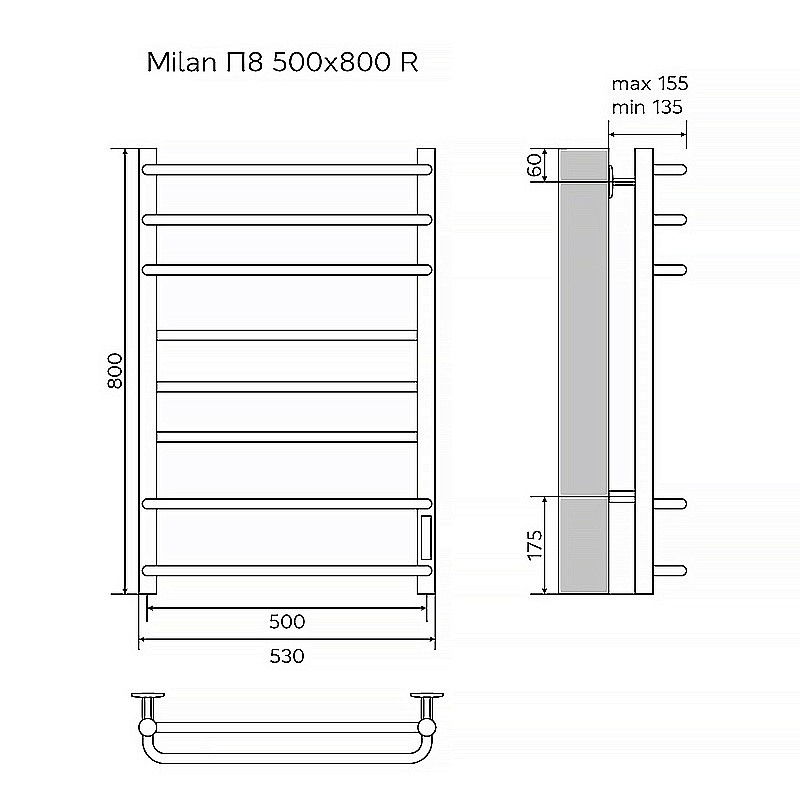 Полотенцесушитель электрический Azario MILAN П8 500х800 AZ90858B черный купить в интернет-магазине сантехники Sanbest