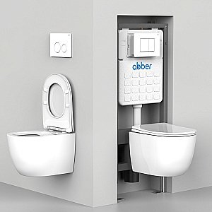 Унитаз подвесной Abber Bequem AC1100T-AC0105-AC0120NG белый, безободковый, с инсталляцией, с крышкой микролифт, слив-торнадо, с кнопкой никель купить в интернет-магазине Sanbest