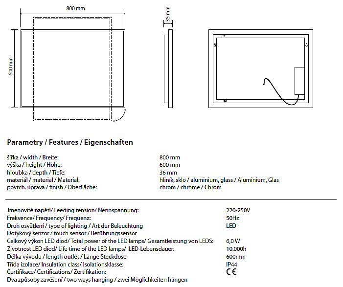 Зеркало с подсветкой и сенсором  Bemeta 127101809 60 в ванную от интернет-магазине сантехники Sanbest
