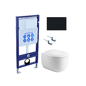 Унитаз подвесной Aquatek АЛЬТАИР AQ1980-00+INS-0000012+KDI-0000017+KKI-0000002 белый, безободковый, с крышкой микролифт, с инсталляцией и черной матовой кнопкой купить в интернет-магазине Sanbest