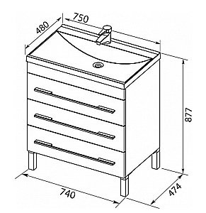 Тумба с раковиной Aquanet Верона 75/Aquanet Нота-75 напольная с 3 ящиками белая глянцевая для ванной в интернет-магазине Sanbest