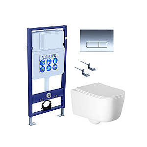 Унитаз подвесной Aquatek ЛУГАНО AQ2002-00+INS-0000012+KDI-0000016+KKI-0000002 белый, безободковый, с крышкой микролифт, с инсталляцией и кнопкой хром глянцевый купить в интернет-магазине Sanbest