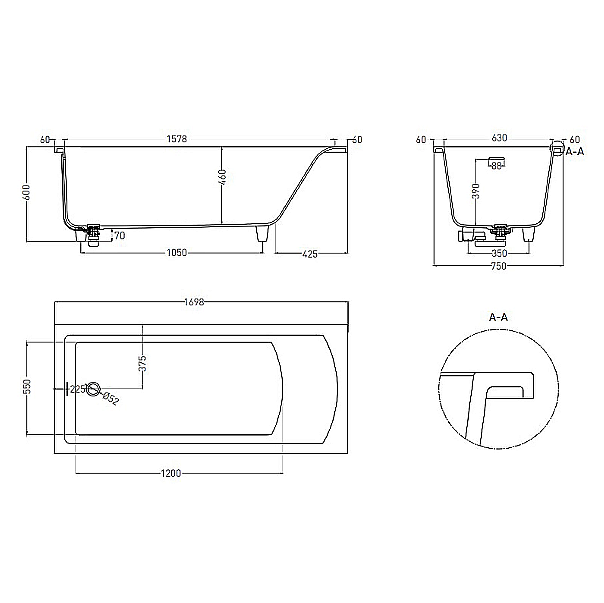 Ванна Salini Cascata Kit S-Sense 170x75 104313M белая матовая купить в интернет-магазине Sanbest