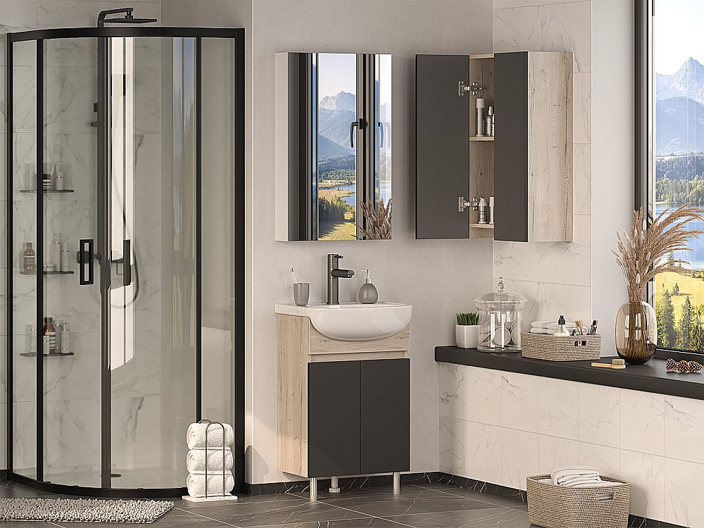 Тумба с раковиной Misty Поло - 50 О-Пол07060-0142ДП светлое дерево/графит для ванной в интернет-магазине Sanbest