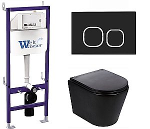 Унитаз подвесной WeltWasser BAMBERG 460+SALZBACH 043 MT-BL+BAMBERG BL черный матовый, безободковый, с крышкой микролифт, слив торнадо, с инсталляцией и черной кнопкой купить в интернет-магазине Sanbest