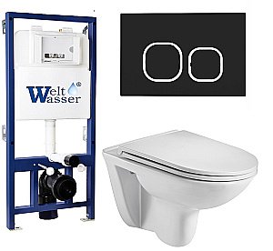 Унитаз подвесной WeltWasser BAMBERG 525+BAARBACH 004 GL-WT+BAMBERG BL белый глянцевый, безободковый, с крышкой микролифт, с инсталляцией и черной кнопкой купить в интернет-магазине Sanbest