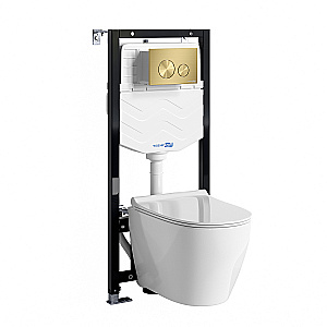 Унитаз подвесной WasserKRAFT Mindel 10TLT.010.ME.MG02.H002 безободковый, с инсталляцией Aller 10, с крышкой микролифт, белый/кнопка золото матовое купить в интернет-магазине Sanbest