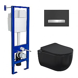 Унитаз подвесной BERGES Ventas Black 043325 с инсталляцией Atom Line, кнопка soft touch черный/хром глянец, безободковый, с крышкой микролифт, черный купить в интернет-магазине Sanbest