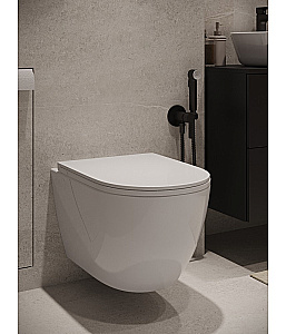 Унитаз подвесной Agger ATI12150+APB144 безободковый, с инсталляцией, смыв торнадо, с крышкой микролифт, белый глянцевый/кнопка черный матовый купить в интернет-магазине Sanbest