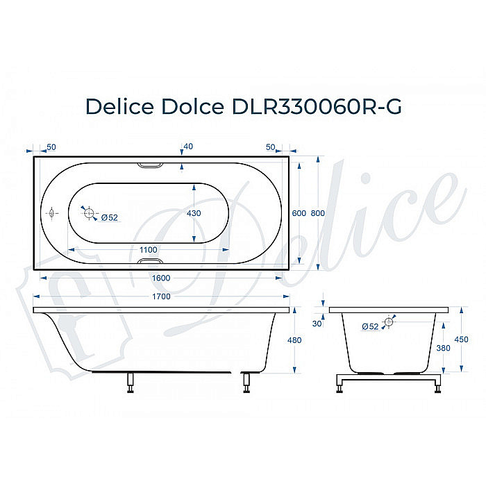 Ванна Delice Dolce DLR330060R-G 170х80 белая/ручки хром купить в интернет-магазине Sanbest