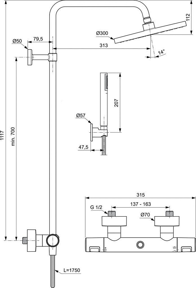 Душевая система Ideal Standard CERATHERM T25 BC748XG купить в интернет-магазине сантехники Sanbest