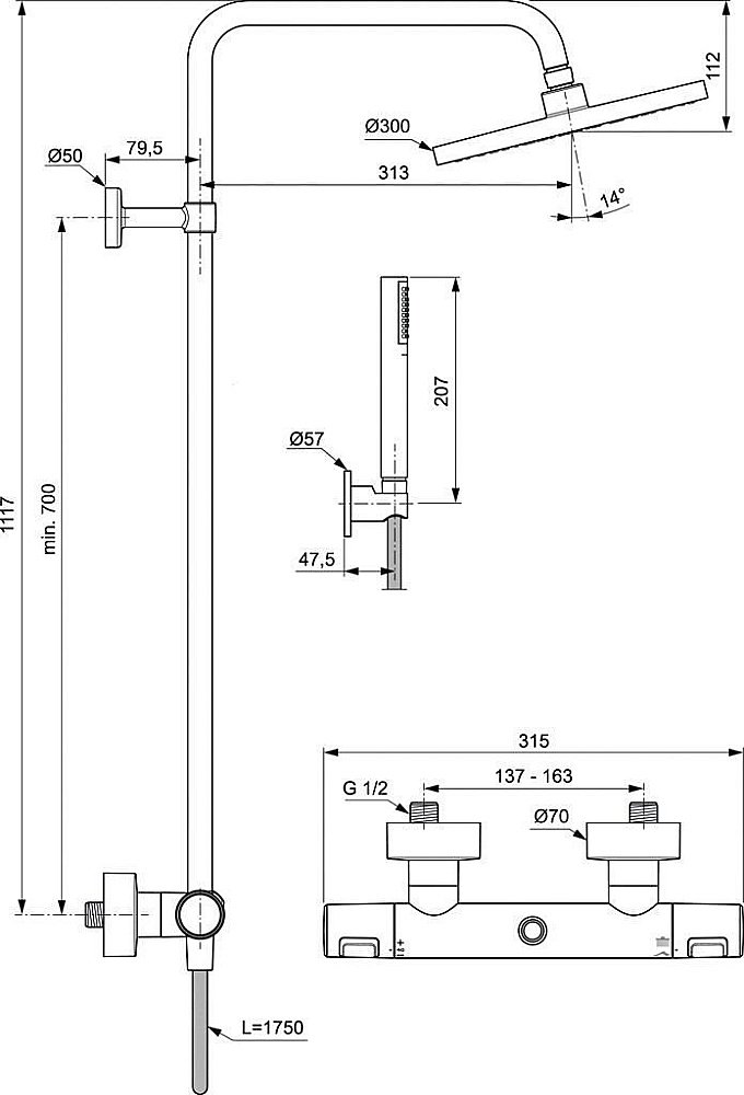 Душевая система Ideal Standard CERATHERM T25 BC748XG купить в интернет-магазине сантехники Sanbest