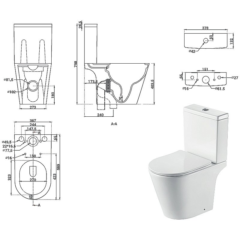 Унитаз напольный Hansmann keramik ROUND NEW УНИ0013 безободковый, с крышкой микролифт, с бачком купить в интернет-магазине Sanbest