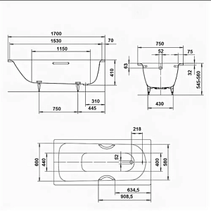 Ванна стальная Kaldewei Saniform Plus 373-1 170x75 Antislip Perl-Effekt купить в интернет-магазине Sanbest