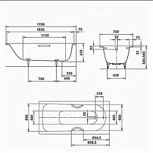 Ванна стальная Kaldewei Saniform Plus 373-1 170x75 112630003001 Antislip Perl-Effekt белый купить в интернет-магазине Sanbest