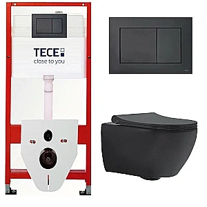 Унитаз подвесной beWash Bogen с инсталляцией TECE 9400414+88303670 безободковый с функцией биде, с сиденьем микролифт, черный матовый/кнопка черная матовая купить в интернет-магазине Sanbest