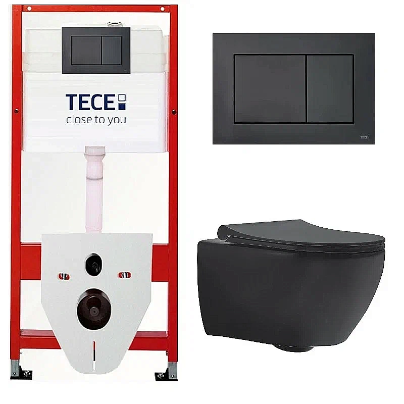 Унитаз подвесной beWash Bogen с инсталляцией TECE 9400414+88303670 безободковый с функцией биде, с сиденьем микролифт, черный матовый/кнопка черная матовая купить в интернет-магазине Sanbest