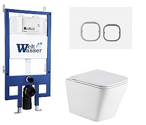 Унитаз подвесной WeltWasser BAMBERG 545+GELBACH 043 MT-WT+BAMBERG WT белый матовый, безободковый, с крышкой микролифт, слив-торнадо, с инсталляцией и белой кнопкой купить в интернет-магазине Sanbest
