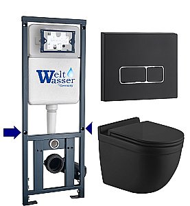 Унитаз подвесной WeltWasser MARBERG 410 + HEIMBACH 043 MT-BL + MAR 410 SE MT-BL черный матовый, безободковый, с крышкой микролифт, слив-торнадо, с инсталляцией и черной матовой кнопкой купить в интернет-магазине Sanbest