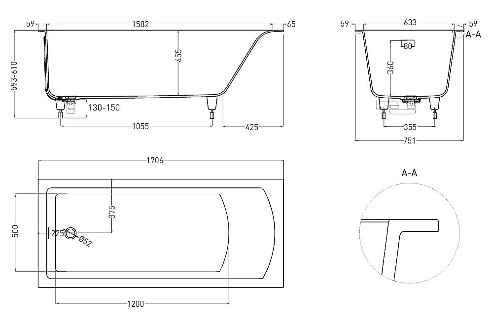 Ванна Salini Cascata KIT S-Sense 170x75 104313GF RAL купить в интернет-магазине Sanbest
