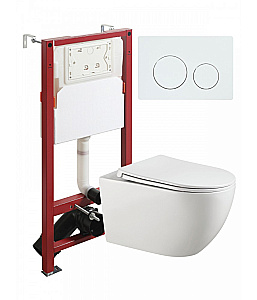 Унитаз подвесной Agger ATI12150+APB188 безободковый, с инсталляцией, смыв торнадо, с крышкой микролифт, белый глянцевый/кнопка белая глянцевая купить в интернет-магазине Sanbest