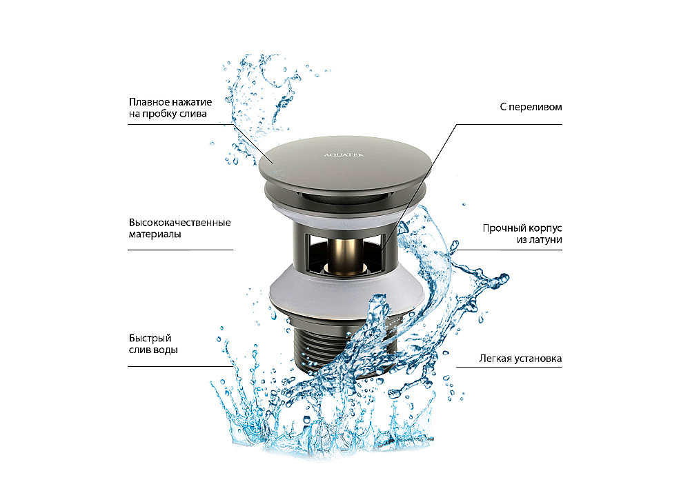 Донный клапан Aquatek AQ6002BGM оружейная сталь купить в интернет-магазине сантехники Sanbest