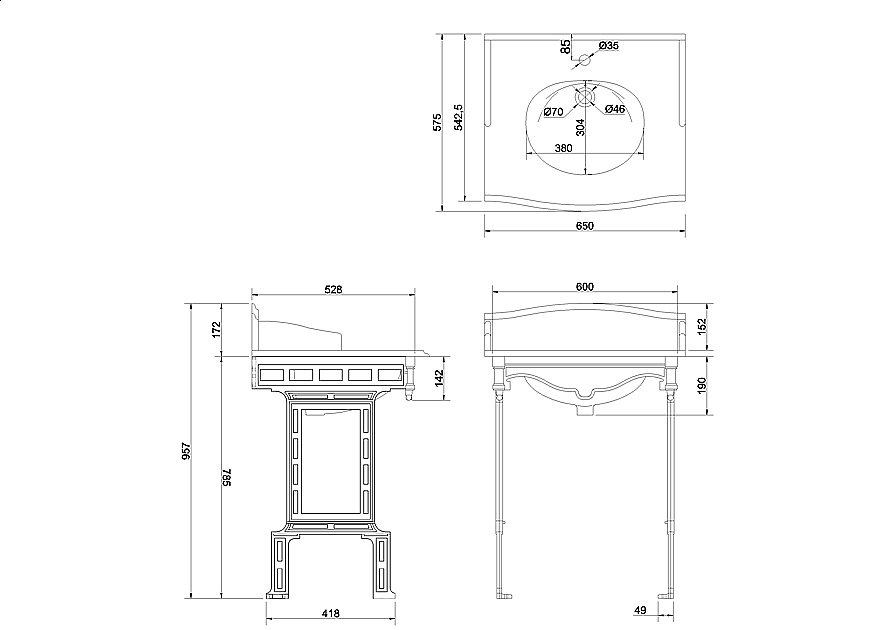 Консоль с раковиной и столешницей Burlington Georgian G7 2TH-T48 BLA для ванной в интернет-магазине сантехники Sanbest