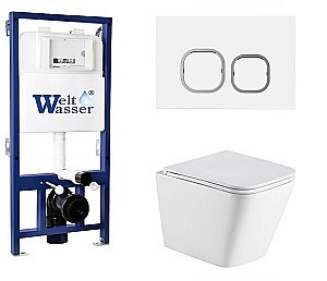 Унитаз подвесной WeltWasser BAMBERG 525+GELBACH 043 GL-WT+BAMBERG WT белый глянцевый, безободковый, с крышкой микролифт, слив-торнадо, с инсталляцией и белой кнопкой купить в интернет-магазине Sanbest