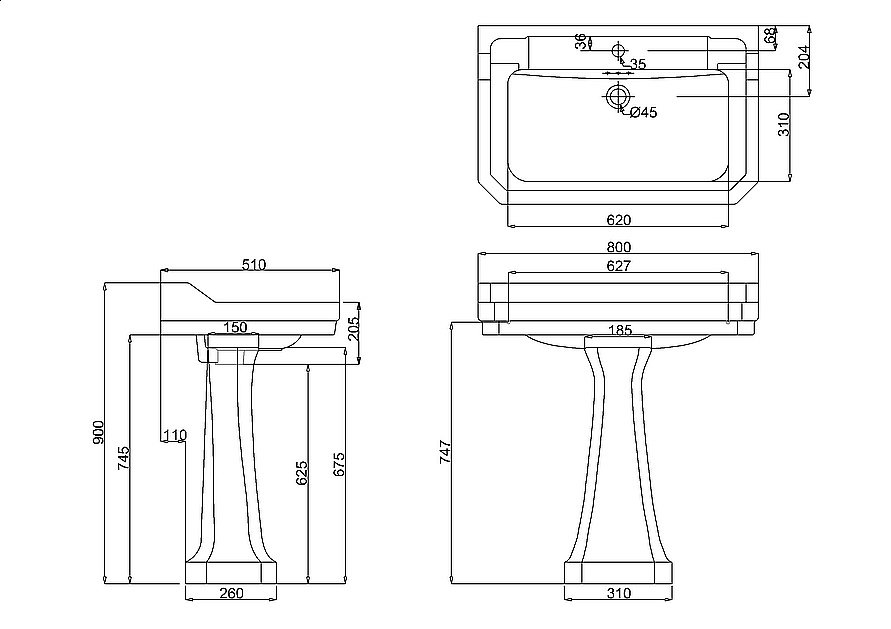 Раковина на пьедестале Burlington Edwardian 80 B18 3TH-P6 белая купить в интернет-магазине Sanbest