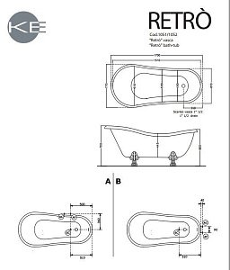 Ванна отдельностоящая Kerasan Retro 1055 170x77, ножки золото купить в интернет-магазине Sanbest