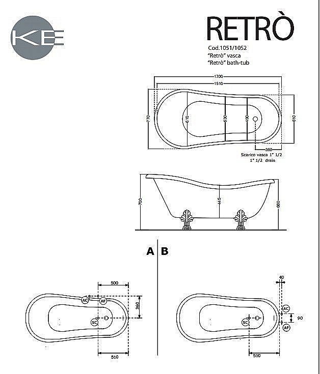 Ванна акриловая Kerasan Retro 105591 170x77 белая, ножки золото купить в интернет-магазине Sanbest