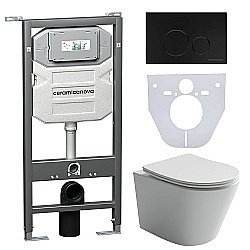 Унитаз подвесной Ceramica Nova Balearica CN6000_1001B_1000 безободковый, с крышкой микролифт, с инсталляцией и черной матовой кнопкой купить в интернет-магазине Sanbest