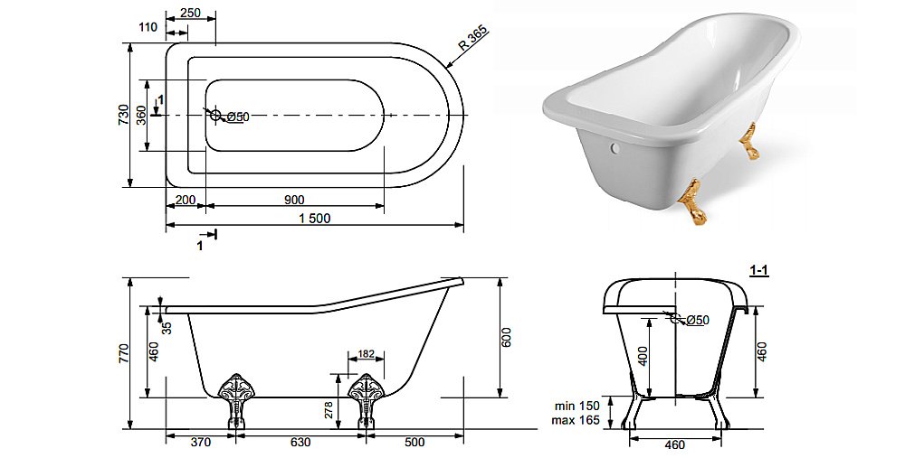 Ванна Эстет Царская 150х73 купить в интернет-магазине Sanbest