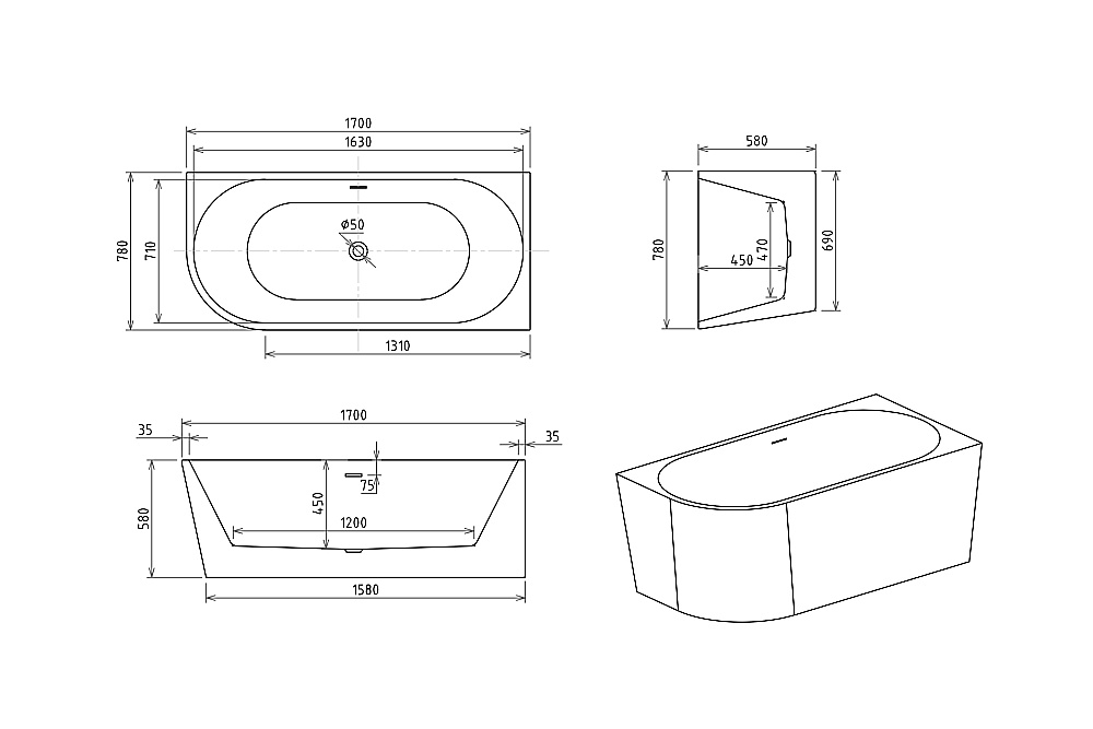 Акриловая ванна Royal Bath RIVA RB610311-GR 170х78 белый купить в интернет-магазине Sanbest