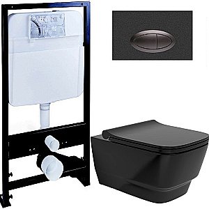 Унитаз Boheme Bello 971-B с инсталяцией и кнопкой 665-B черный/черный, безободковый купить в интернет-магазине Sanbest