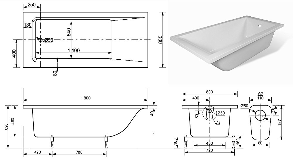 Ванна Эстет Дельта 180x80 цвет по RAL купить в интернет-магазине Sanbest