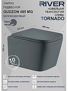 Унитаз подвесной River GUDZON 485 MG 10000013704 серый матовый, безободковый, с крышкой микролифт, слив торнадо купить в интернет-магазине Sanbest