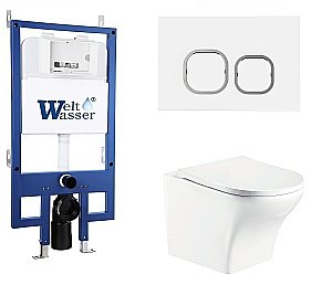 Унитаз подвесной WeltWasser BAMBERG 545+ODENBACH 004 GL-WT+BAMBERG WT белый глянцевый, безободковый, с крышкой микролифт, с инсталляцией и белой кнопкой купить в интернет-магазине Sanbest