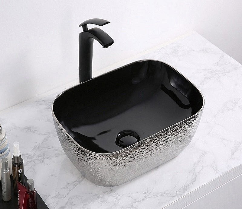 Раковина накладная Ceramalux NC 46 D1333H020 серебро, черная купить в интернет-магазине Sanbest