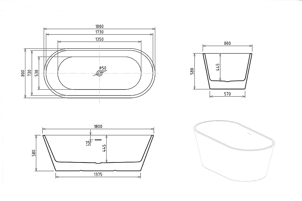 Акриловая ванна Royal Bath PAFOS RB610000BL 180х80 белый купить в интернет-магазине Sanbest