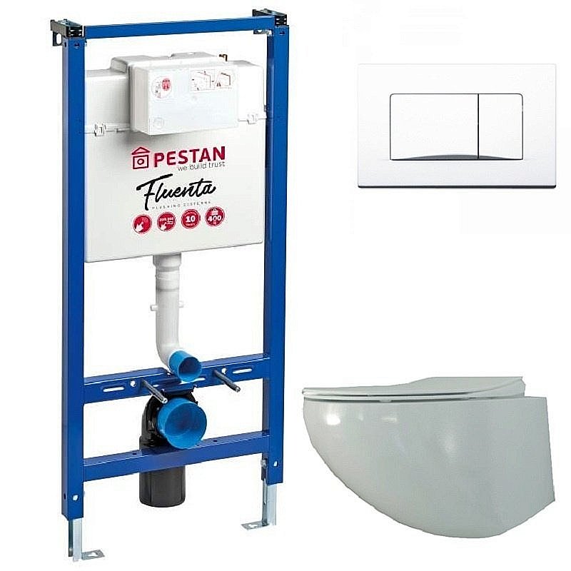 Унитаз с инсталляцией Pestan Fluenta Rimless SET40006661AW безободковый, с крышкой микролифт, кнопка белая купить в интернет-магазине Sanbest